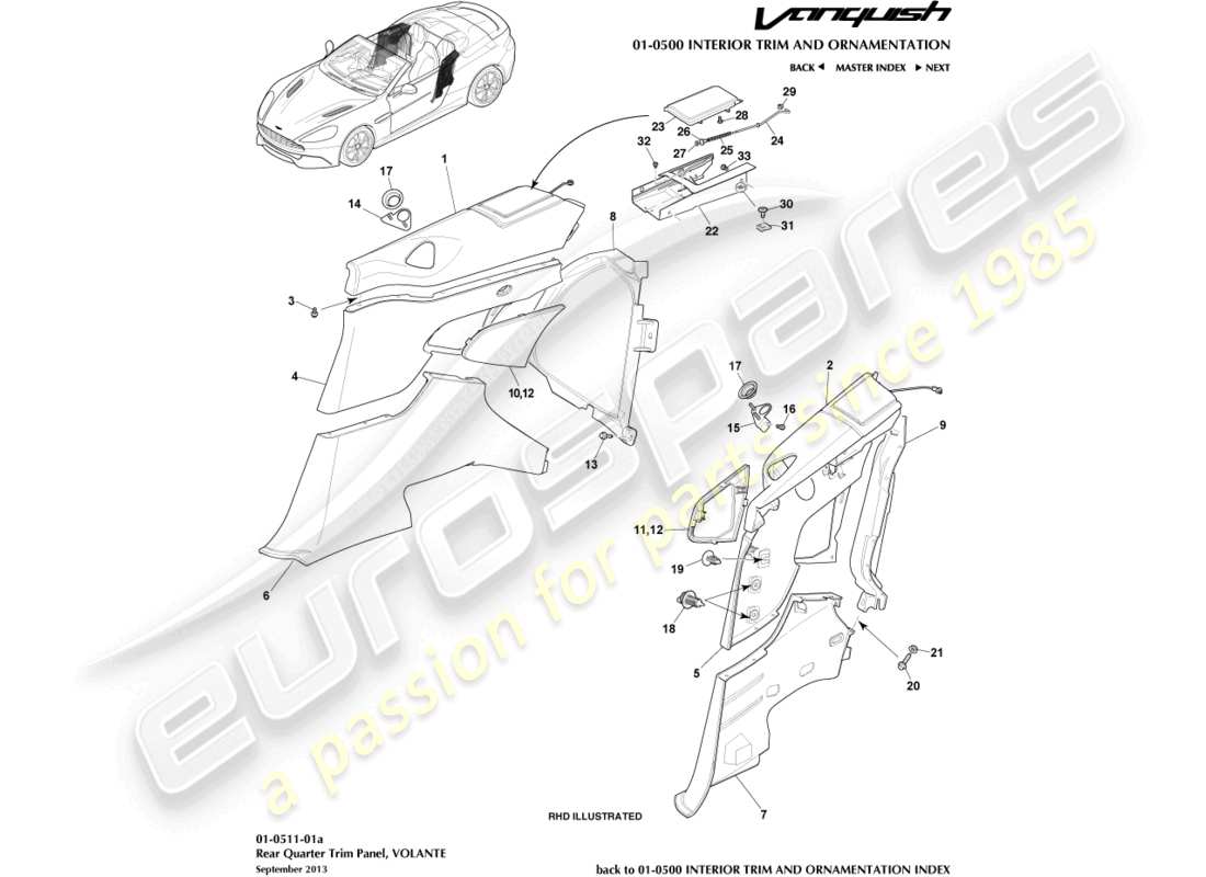 aston martin vanquish (2018) hintere seitenverkleidung, volante teilediagramm