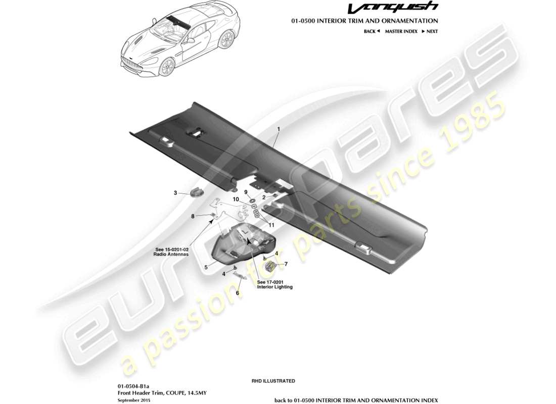 aston martin vanquish (2015) frontverzierung für dachhimmel, coupé 14.5my ersatzteildiagramm