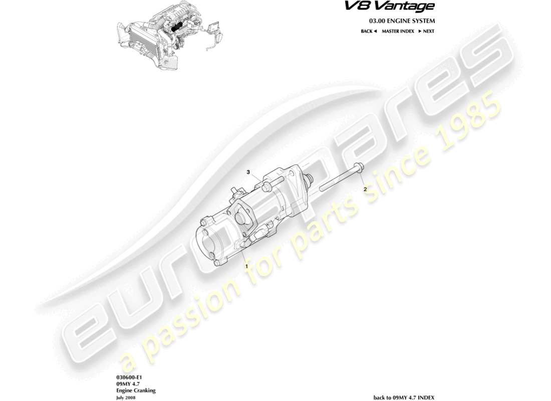 aston martin v8 vantage (2006) teilediagramm des anlassers