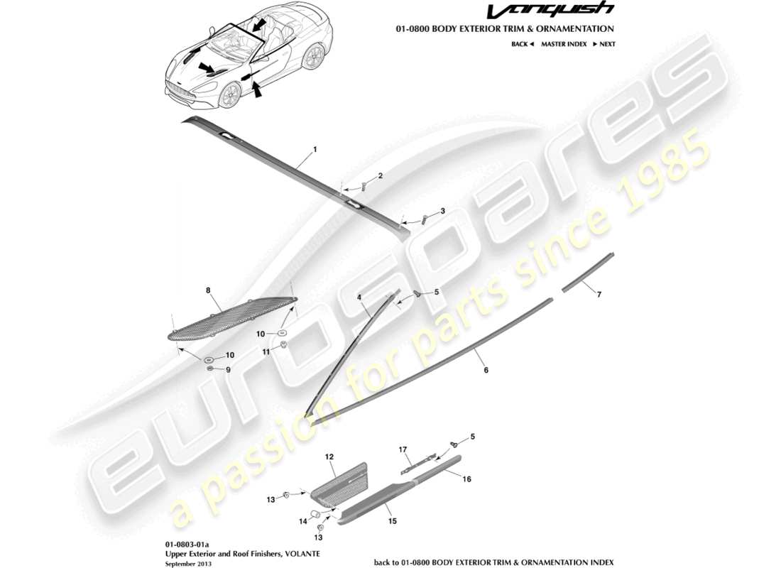 aston martin vanquish (2018) obere außenverkleidung, volante teilediagramm