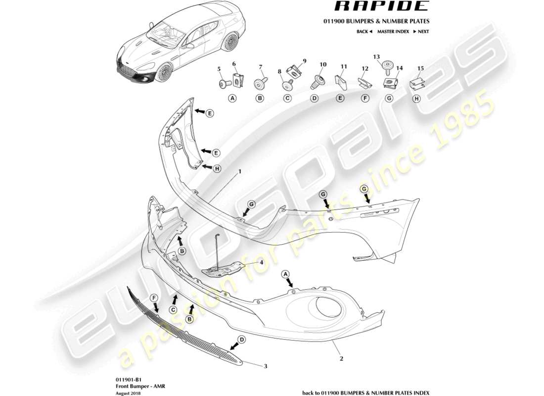 aston martin rapide (2011) vordere stoßstange, amr-ersatzteildiagramm