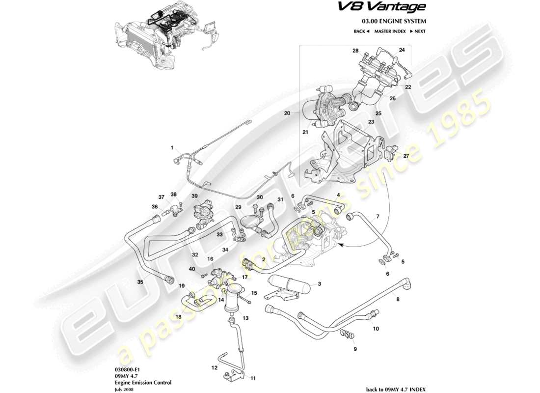 aston martin v8 vantage (2009) emission control teilediagramm
