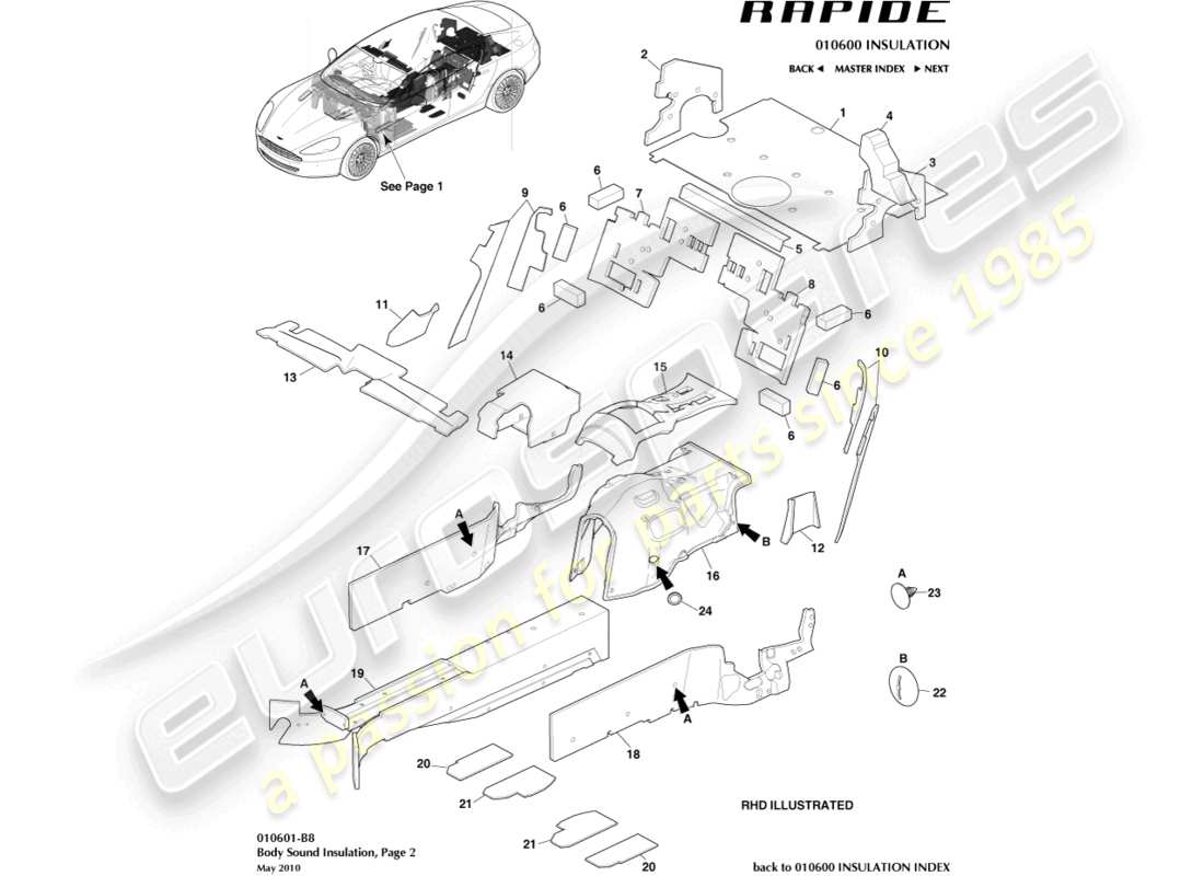 aston martin rapide (2017) geräuschisolierung, hinteres teildiagramm