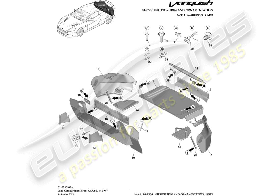 aston martin vanquish (2018) laderaumverkleidung, coupé 14.5my teilediagramm