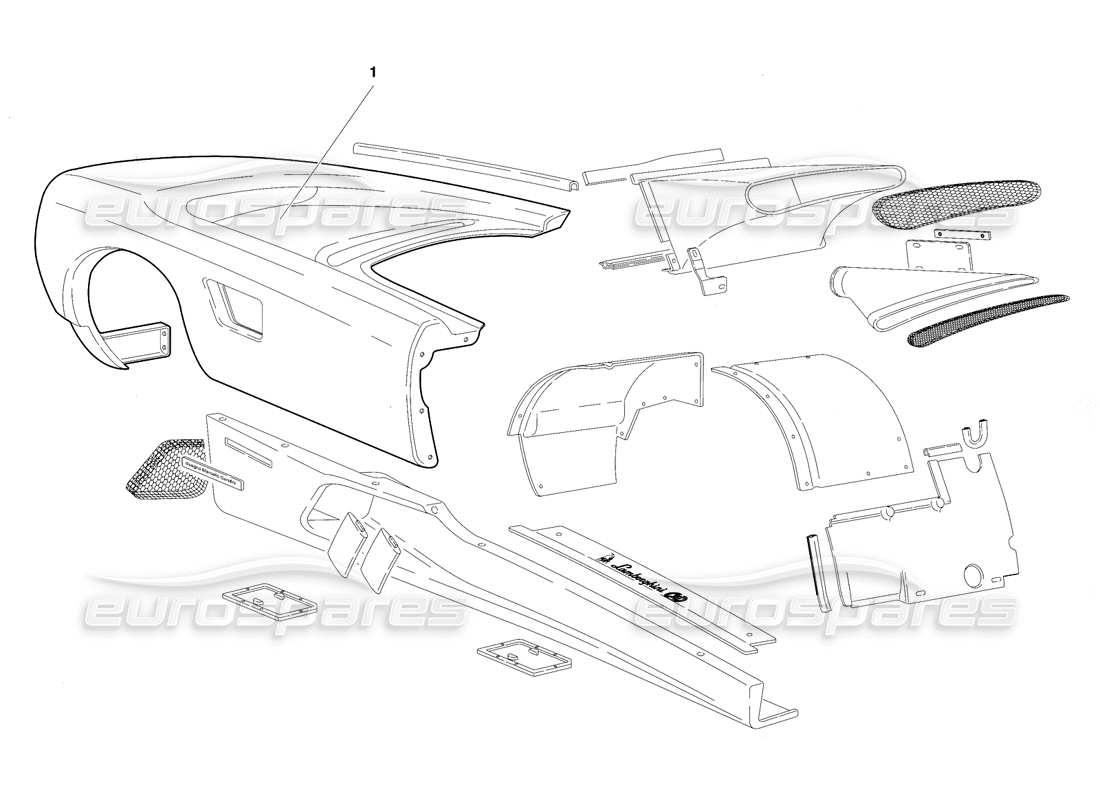 lamborghini diablo se30 (1995) karosserieelemente - rechte flanke (gültig für usa - januar 1995) teilediagramm