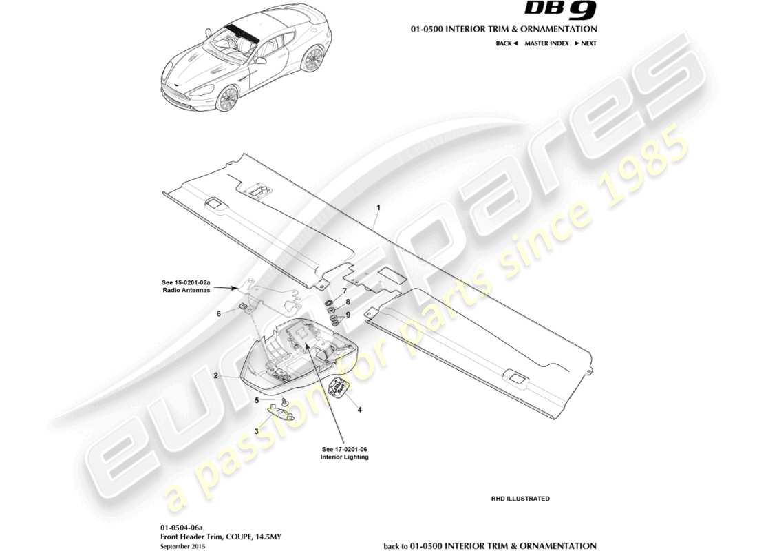 aston martin db9 (2014) frontverzierung für dachhimmel, coupé, 14.5my ersatzteildiagramm