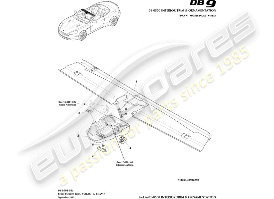 aston martin db9 (2014) frontkopfverkleidung, volante, 14.5my ersatzteildiagramm
