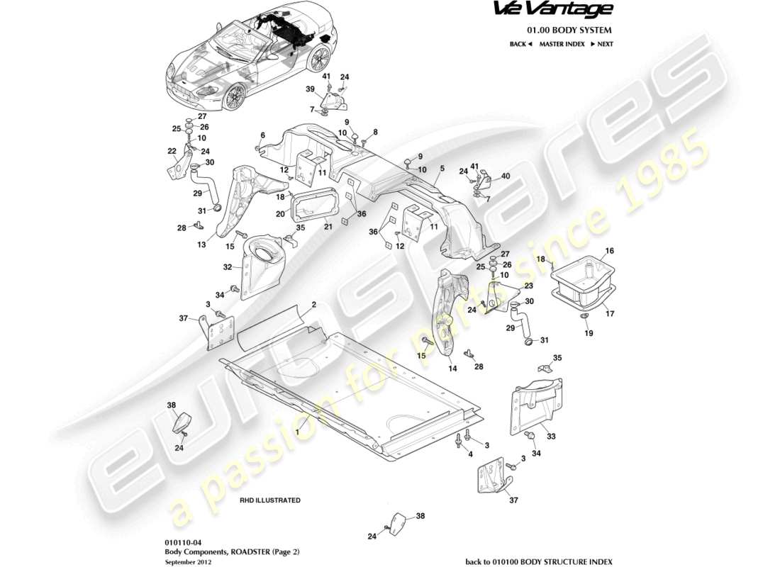 aston martin v12 vantage (2010) karosseriekomponenten, roadster-teilediagramm