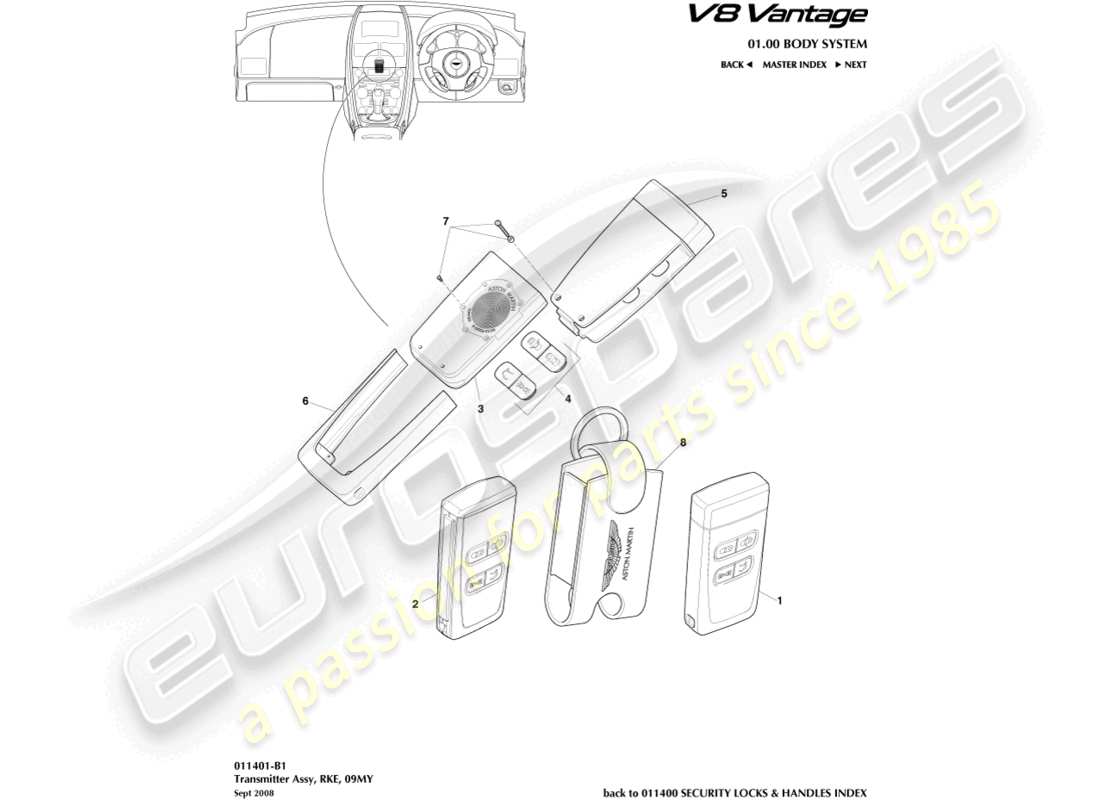 aston martin v8 vantage (2012) sender, rke, 09my ersatzteildiagramm