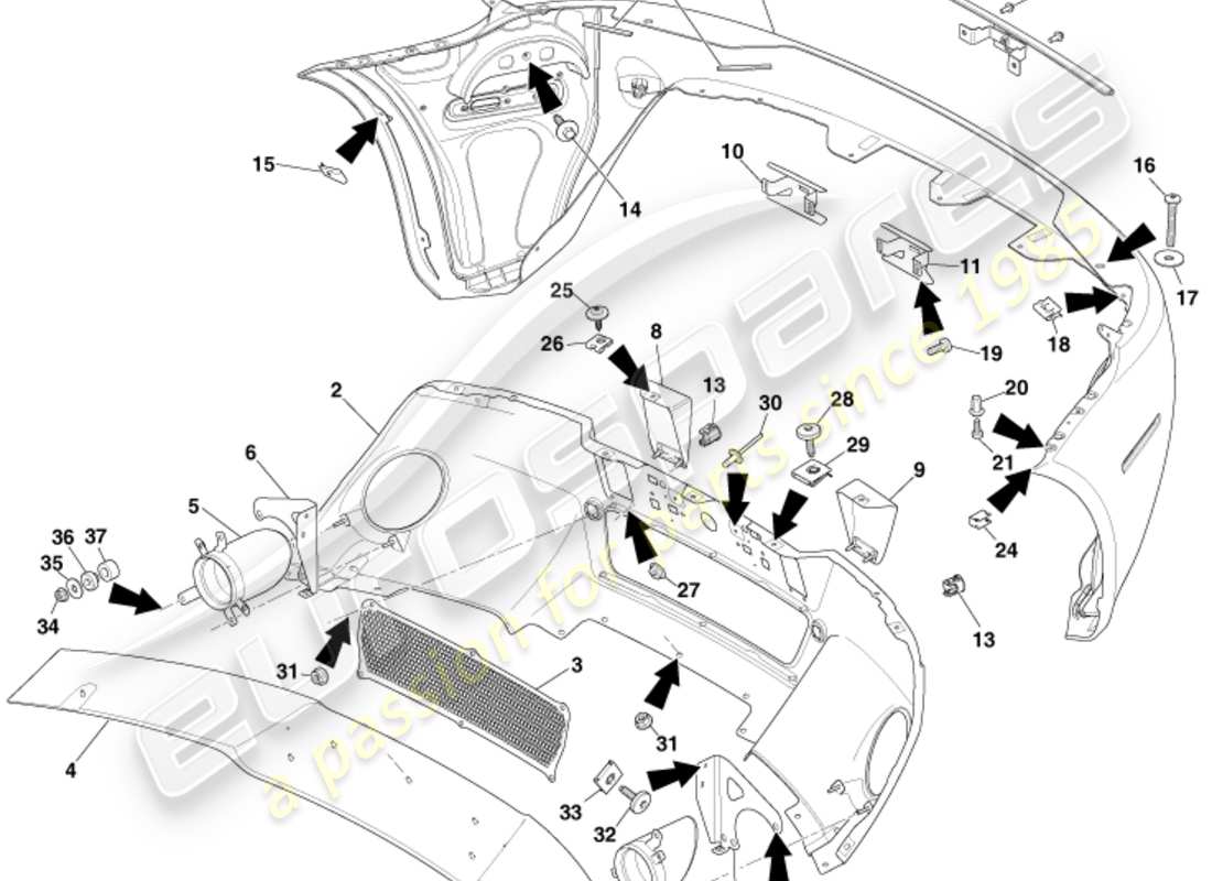 aston martin v8 vantage (2011) heckstoßstange, 12.25my an & v8s ersatzteildiagramm
