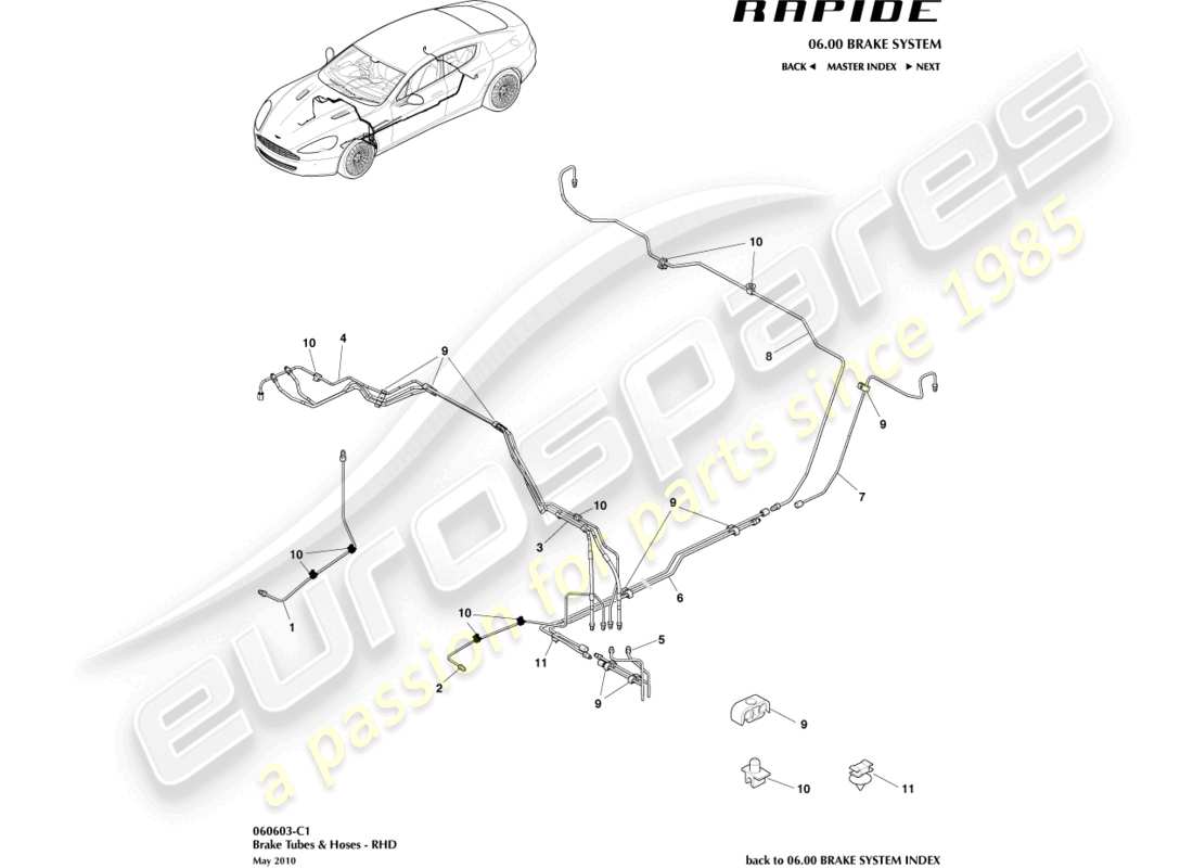 aston martin rapide (2010) bremsleitungen und -schläuche, rhd-ersatzteildiagramm