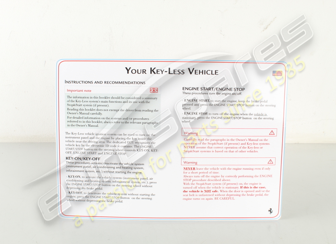 NEUES FERRARI ERGÄNZENDES WARNBLATT. TEILENUMMER 88130100 (1) neues ferrari ergänzendes warnblatt. teilenummer 88130100 (1)