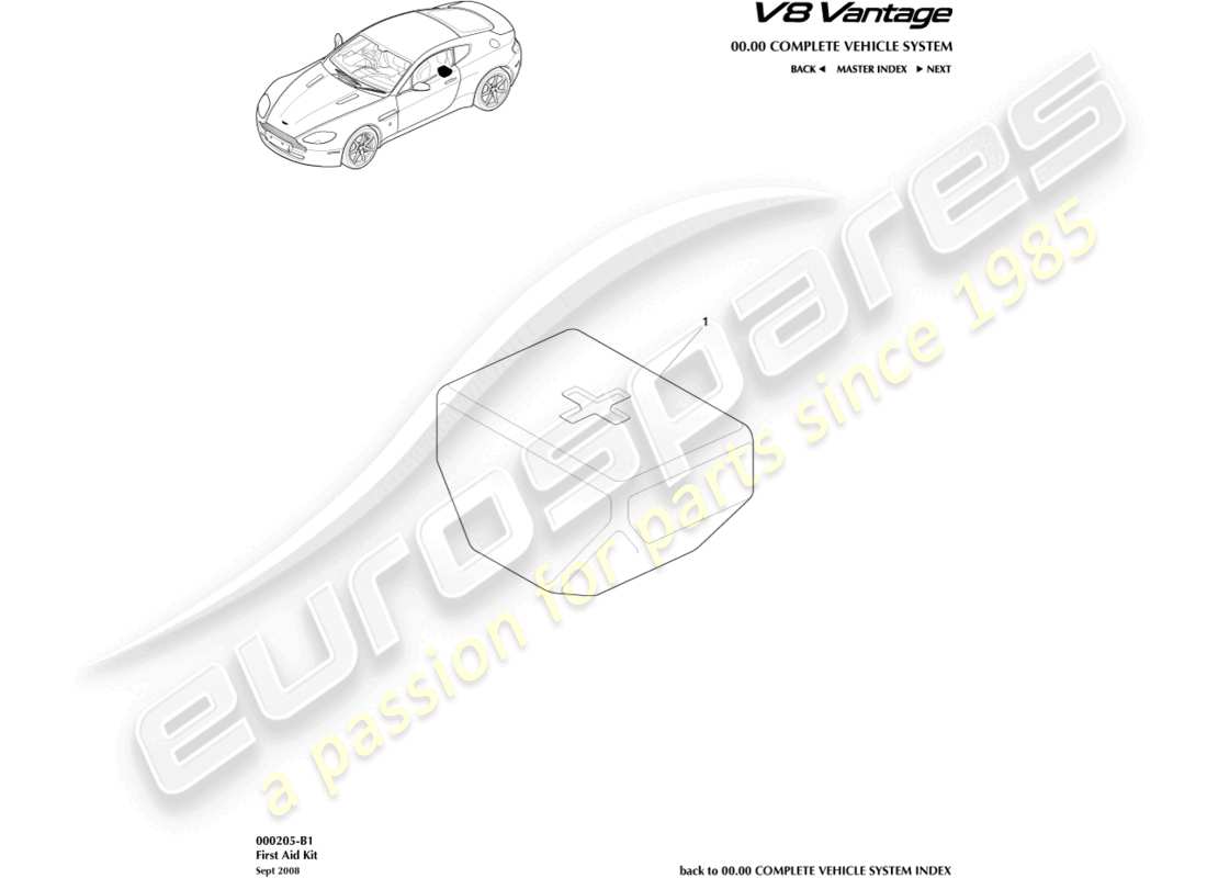 aston martin v8 vantage (2006) teilediagramm des erste-hilfe-kastens