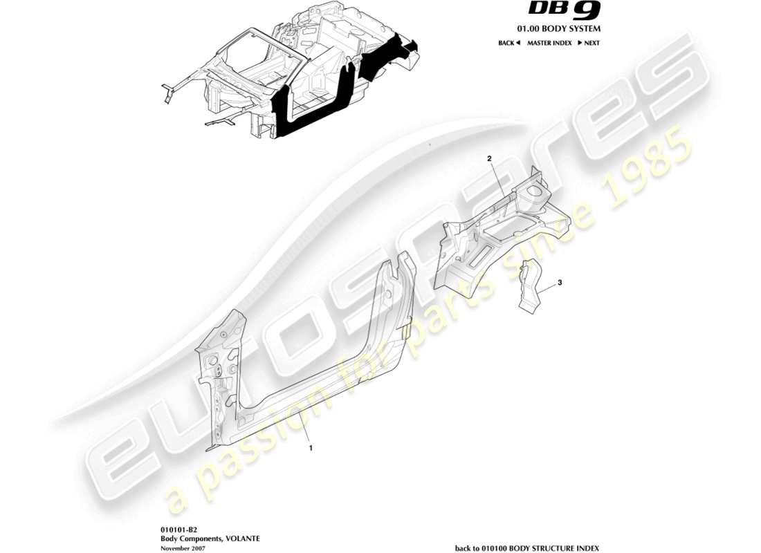 aston martin db9 (2007) karosseriekomponenten, volante-teilediagramm