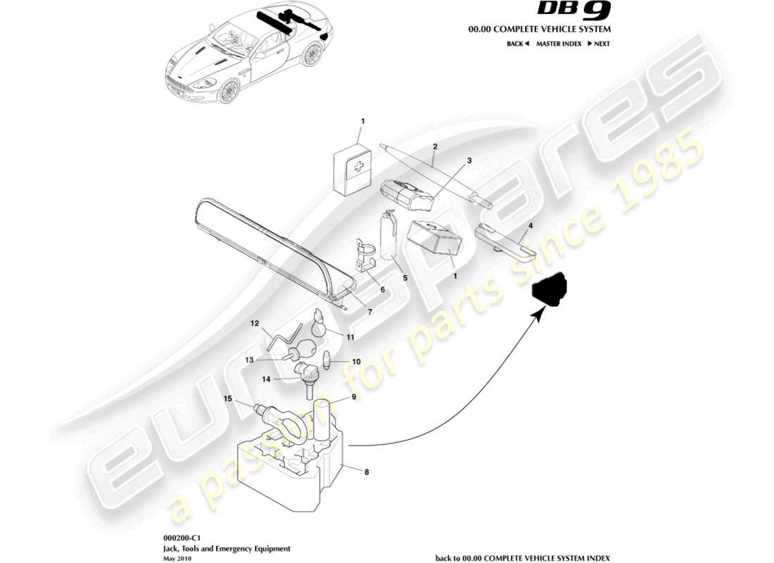 aston martin db9 (2007) teilediagramm für notfallausrüstung