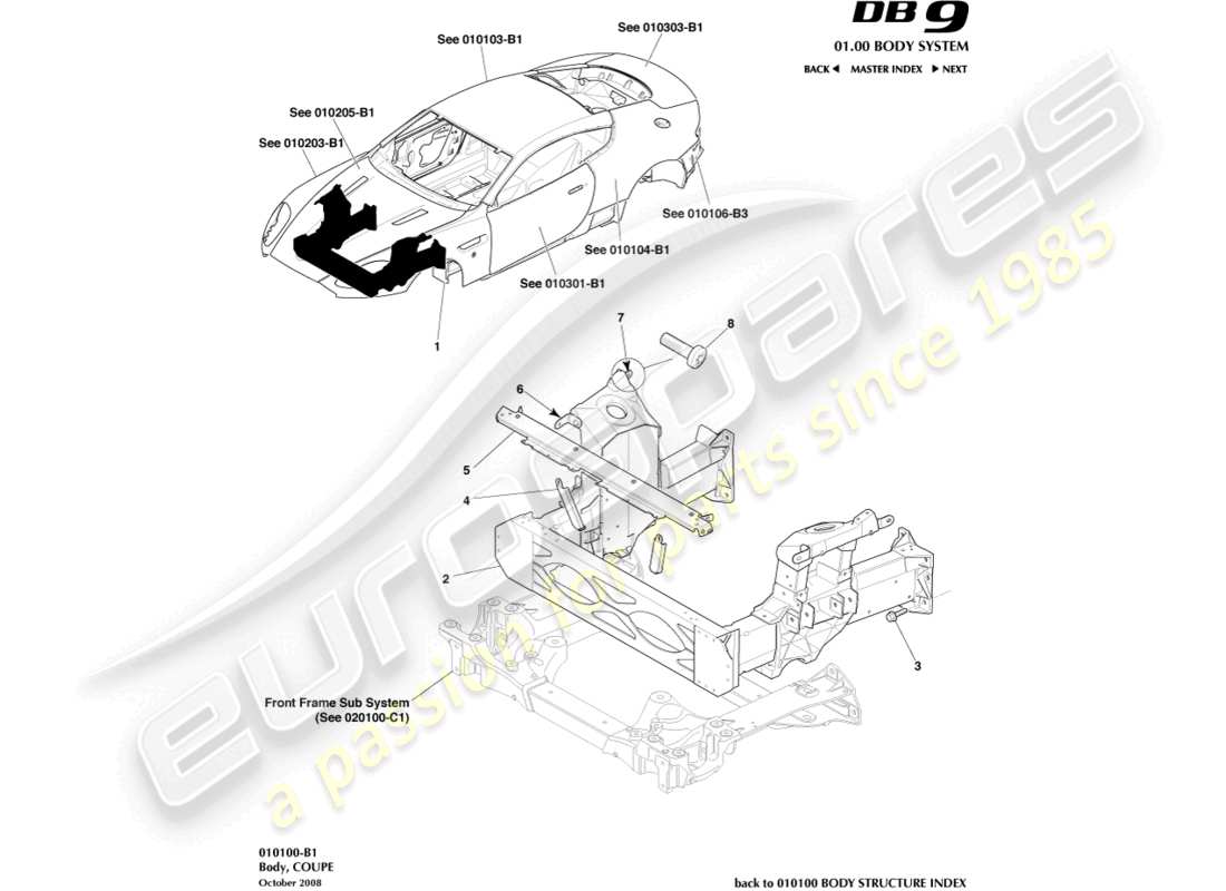 aston martin db9 (2007) karosserie, coupé-teilediagramm