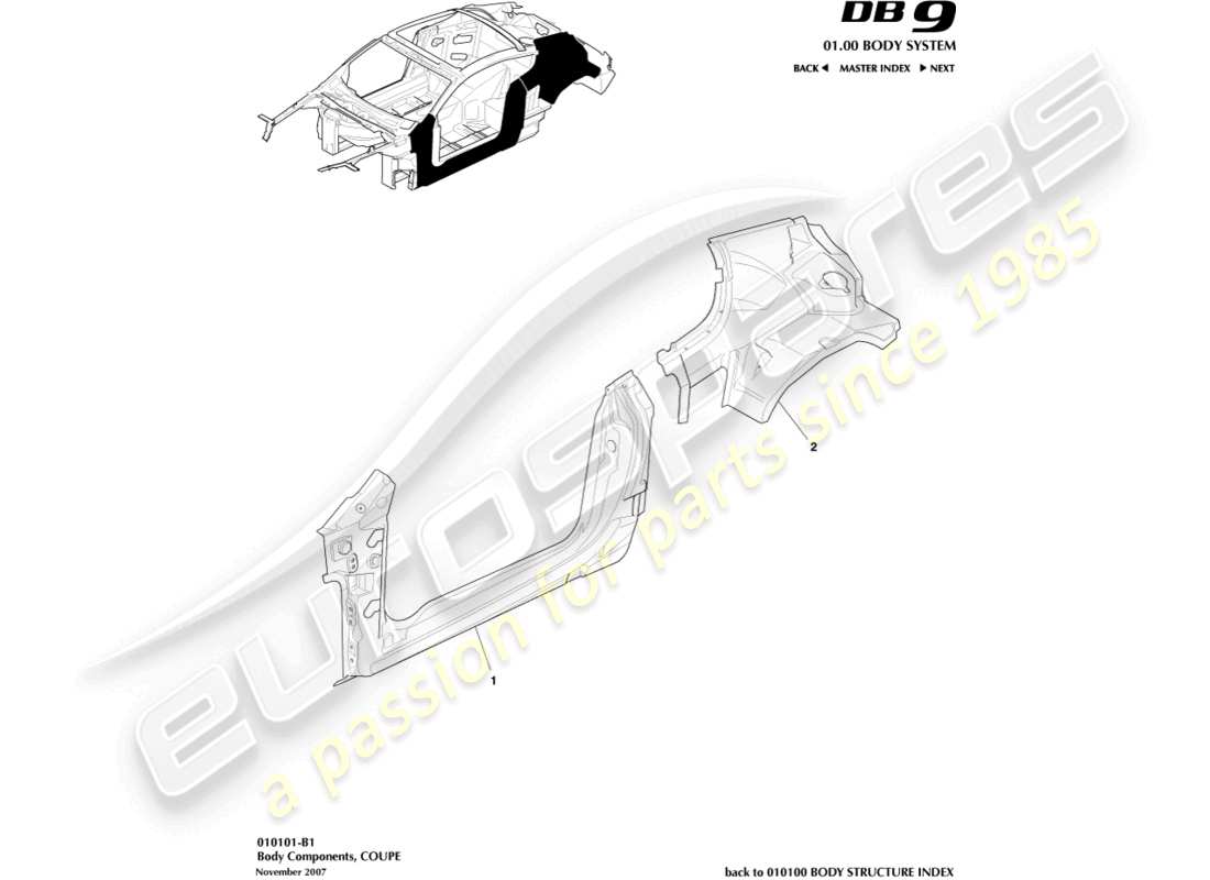 aston martin db9 (2007) karosseriekomponenten, coupé-teilediagramm