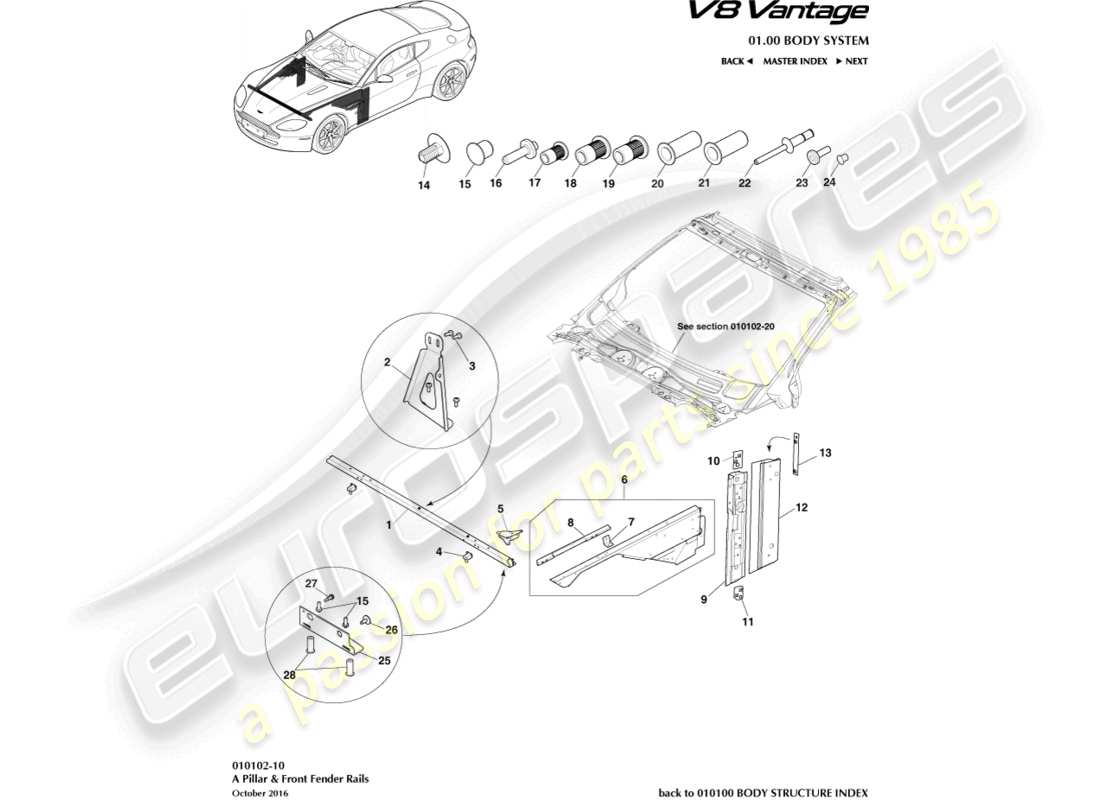 aston martin v8 vantage (2006) teilediagramm für a-säule und kotflügelschienen