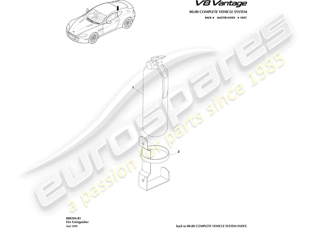 aston martin v8 vantage (2006) teilediagramm für feuerlöscher