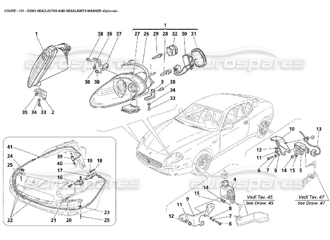 maserati 4200 coupe (2002) xenon-scheinwerfer und scheibe - diagramm optionaler teile