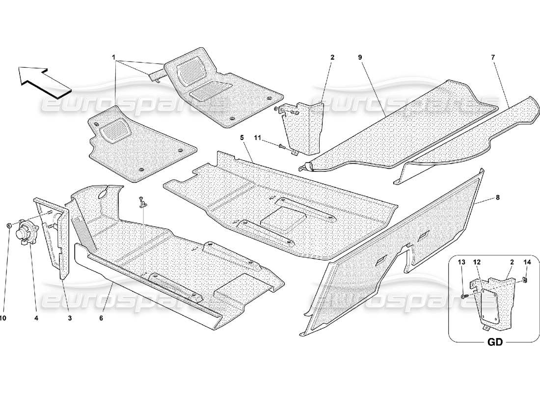 ferrari 550 maranello teilediagramm für polster und teppiche im fahrgastraum