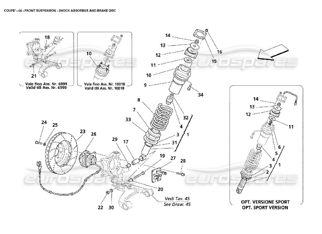 maserati 4200 coupe (2002) vorderradaufhängung - teilediagramm stoßdämpfer und bremsscheibe