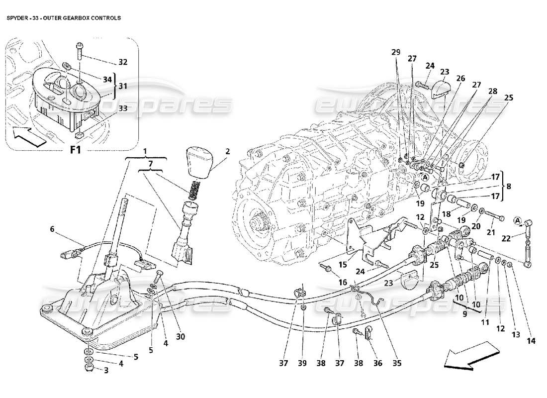 maserati 4200 spyder (2002) äußere getriebesteuerung teilediagramm