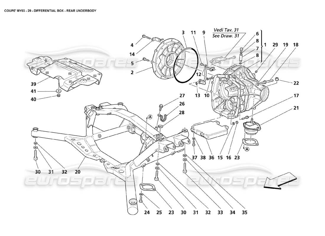 maserati 4200 coupe (2003) differentialkasten - teilediagramm des hinteren unterbodens