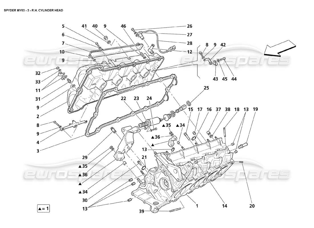 maserati 4200 spyder (2003) teilediagramm für rechten zylinderkopf