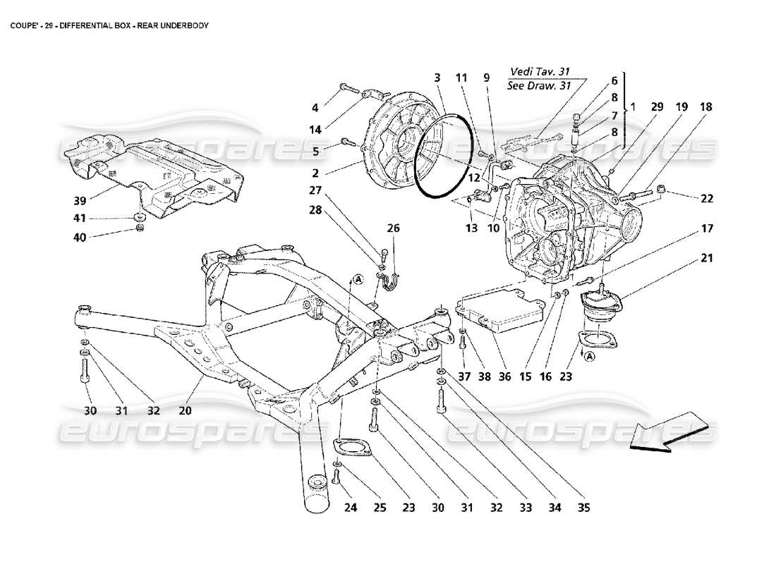 maserati 4200 coupe (2002) differentialkasten - teilediagramm des hinteren unterbodens