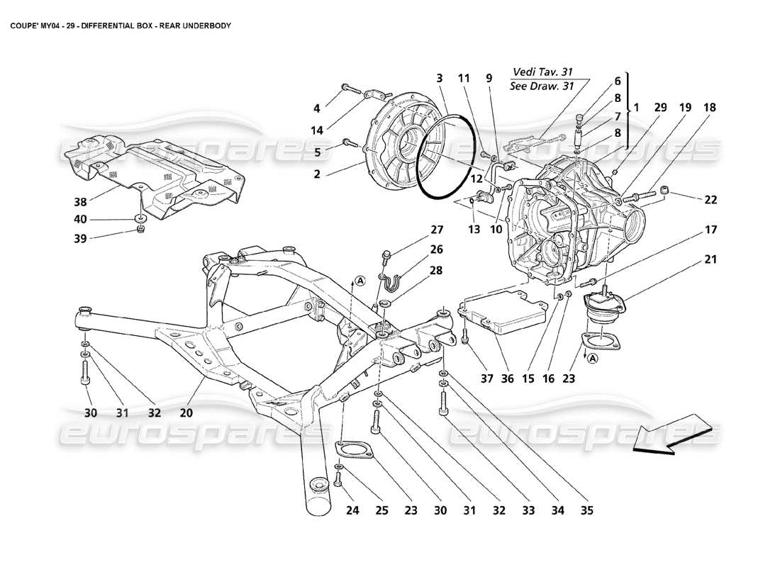 maserati 4200 coupe (2004) teilediagramm für den hinteren unterboden des differentialkastens