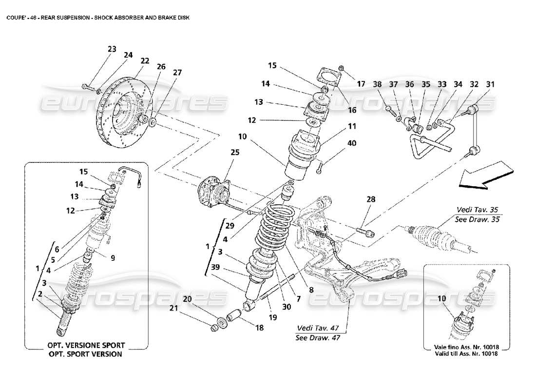 maserati 4200 coupe (2002) hinterradaufhängung - teilediagramm stoßdämpfer und bremsscheibe