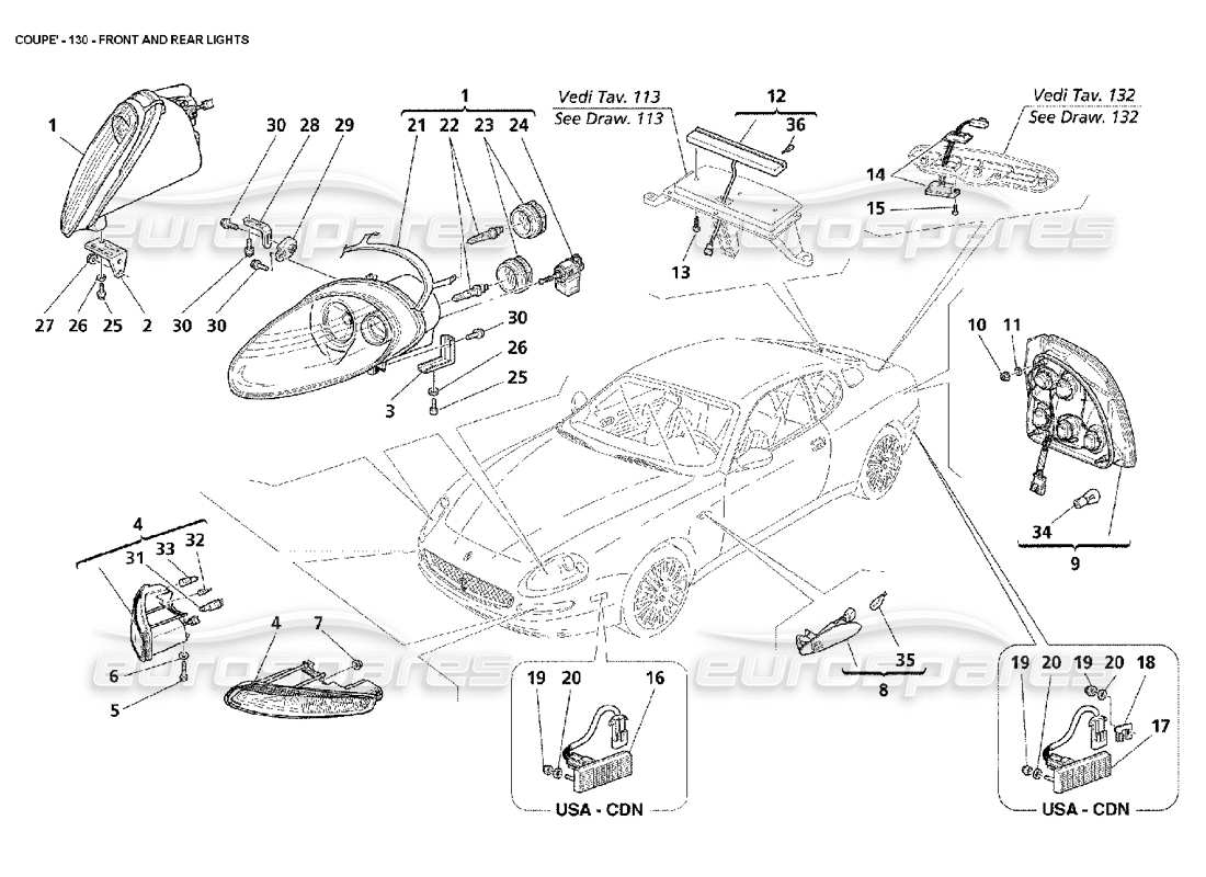 maserati 4200 coupe (2002) teilediagramm für vorder- und rücklichter