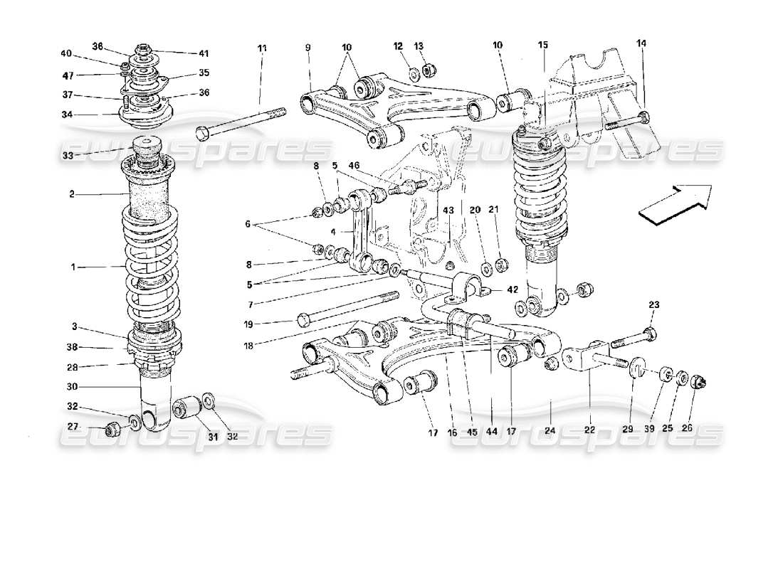 ferrari 512 m hinterradaufhängung – querlenker und stoßdämpfer teilediagramm