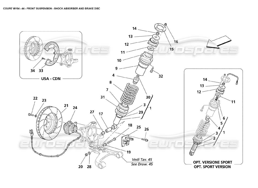 maserati 4200 coupe (2004) teilediagramm für stoßdämpfer und bremsscheibe der vorderradaufhängung