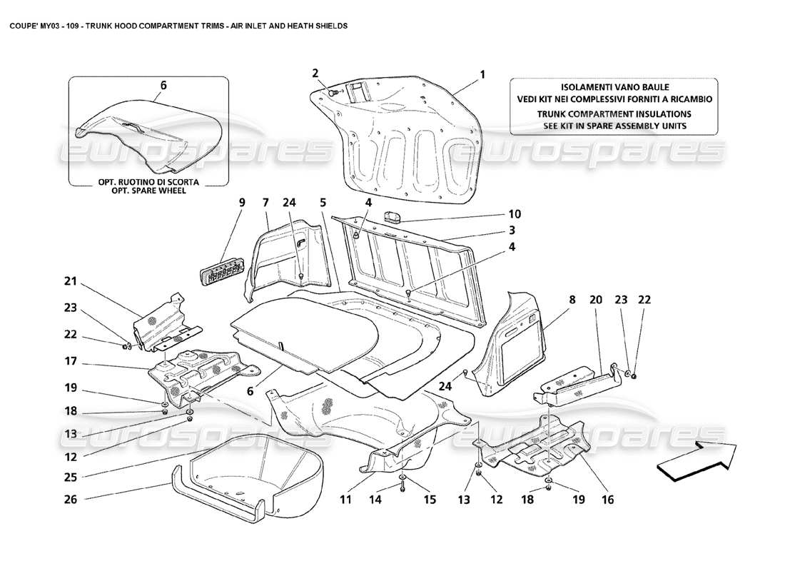 maserati 4200 coupe (2003) kofferraumverkleidungen - teilediagramm für lufteinlass und kühlschilde