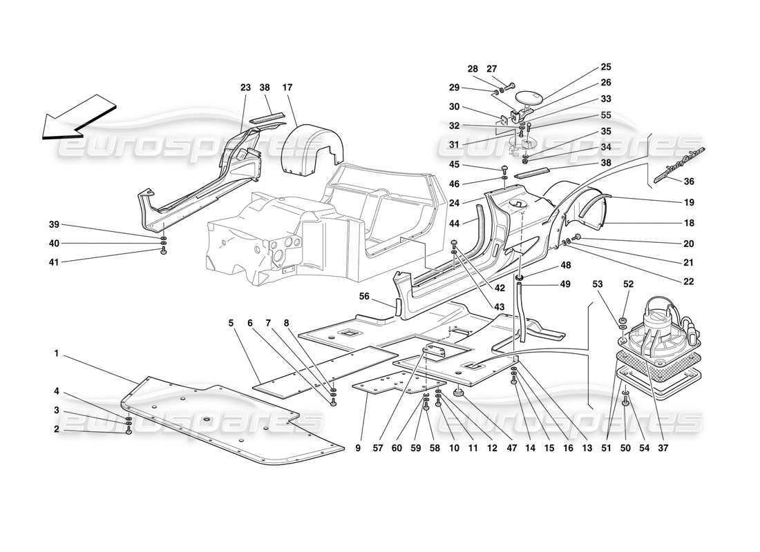 ferrari f50 karosserie – seitenelemente, flache bodenwanne und hintere radhäuser teilediagramm