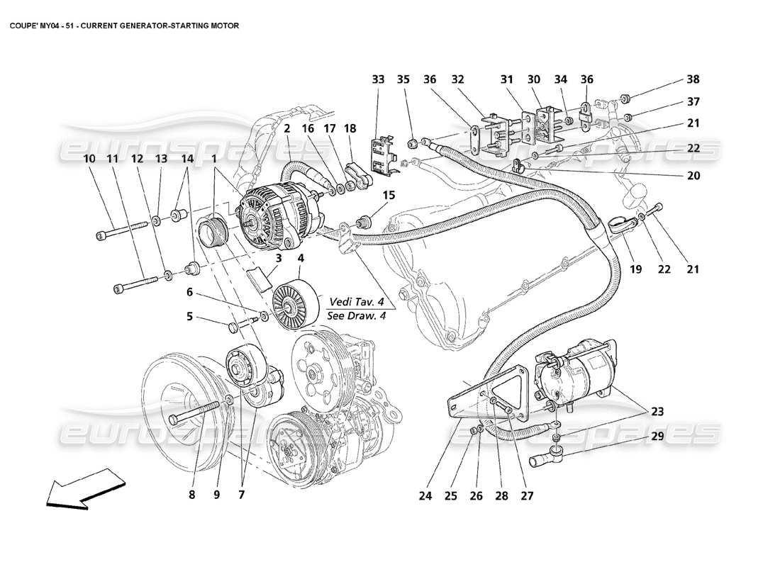 maserati 4200 coupe (2004) teilediagramm für den anlassermotor des stromgenerators