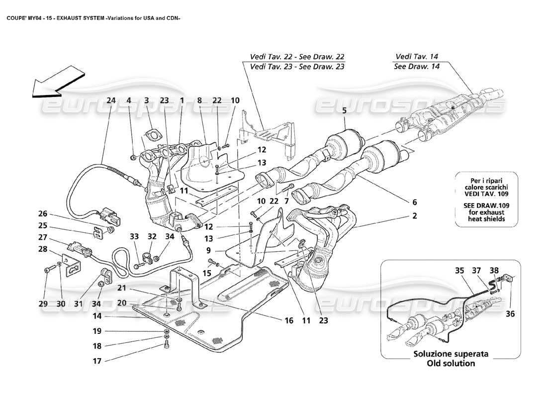 maserati 4200 coupe (2004) variationen der abgasanlage für usa und cdn teilediagramm