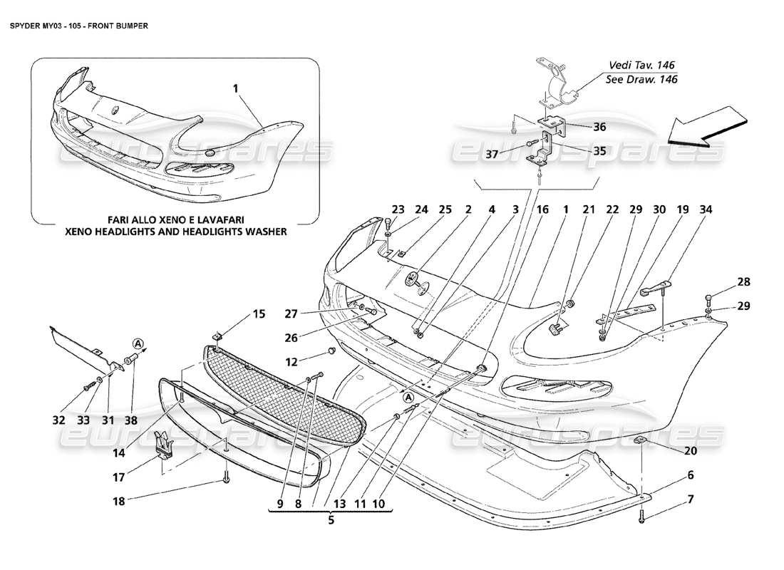 maserati 4200 spyder (2003) teilediagramm für die vordere stoßstange