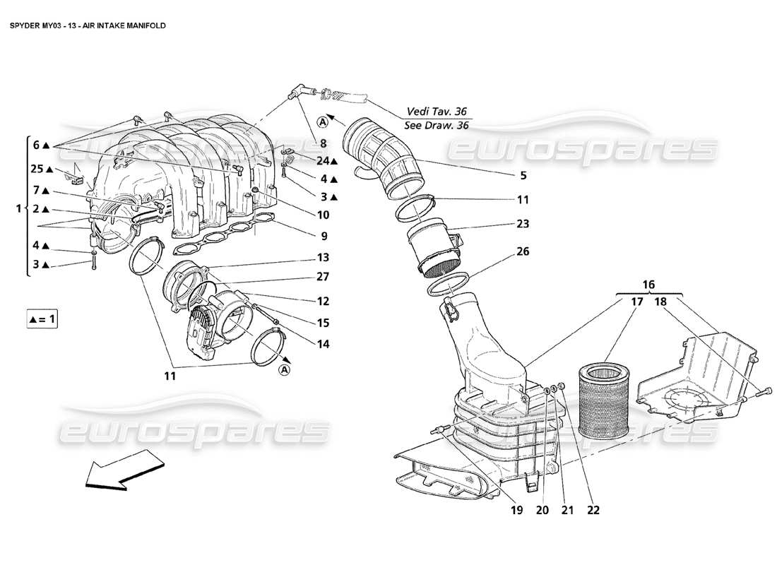 maserati 4200 spyder (2003) teilediagramm des luftansaugkrümmers