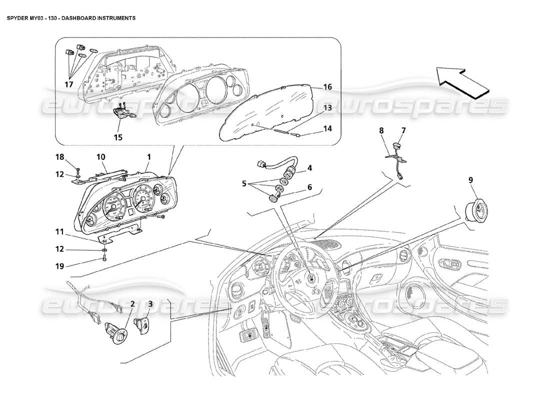 maserati 4200 spyder (2003) teilediagramm für armaturenbrettinstrumente