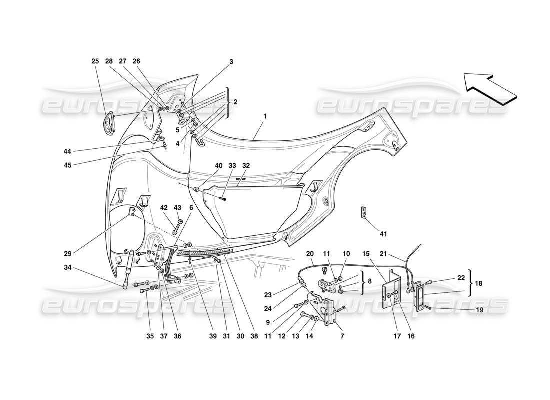 ferrari f50 fronthaube und öffnungskontrolle teilediagramm