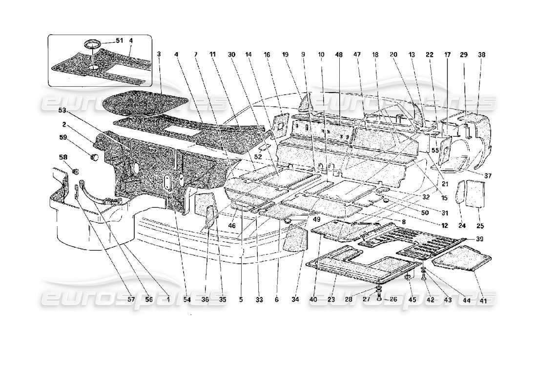 ferrari 512 m ersatzteildiagramm für kofferraumteppich und isolierplatten