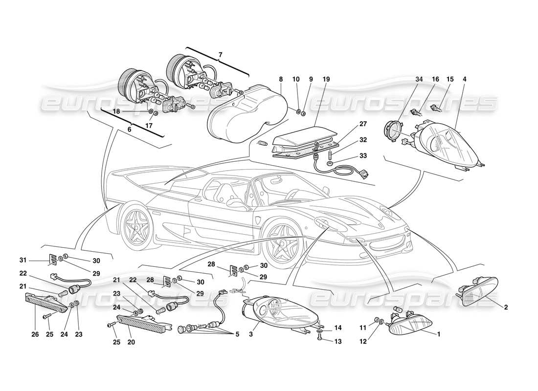 ferrari f50 vorder- und rücklichter teilediagramm