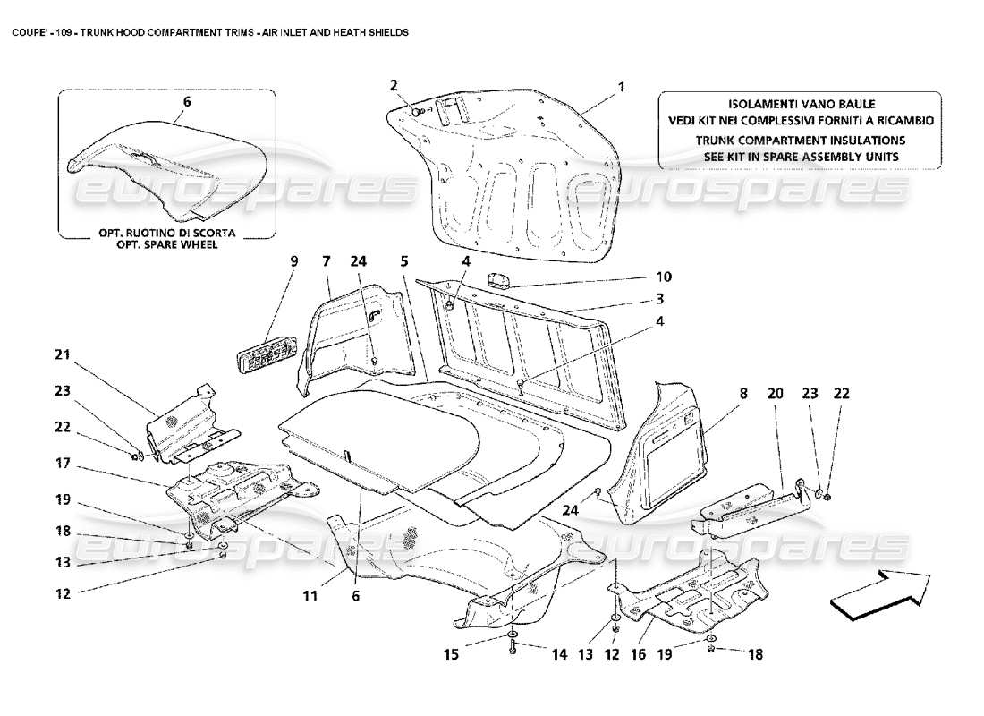 maserati 4200 coupe (2002) kofferraumverkleidungen - teilediagramm für lufteinlass und wärmeabschirmungen