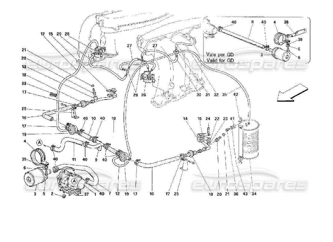 ferrari 512 m teilediagramm für sekundärluftpumpe und -leitungen