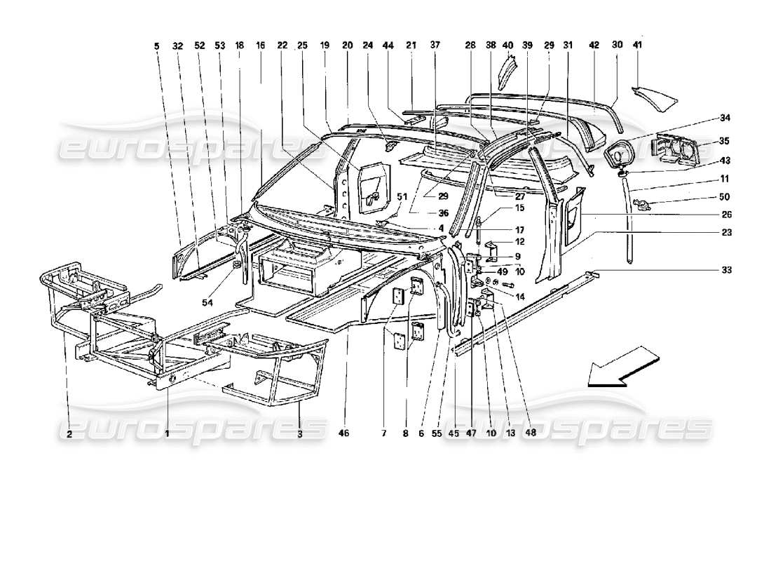 ferrari 512 m karosserie - teilediagramm der internen komponenten