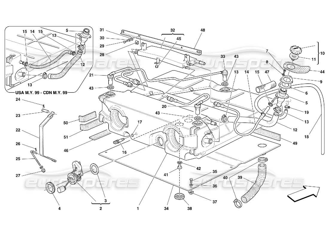 ferrari 550 maranello kraftstofftank - gültig für usa my 99, usa my 2000, cdn my 99 und cdn my 2000 teilediagramm