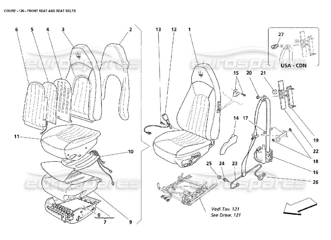 maserati 4200 coupe (2002) teilediagramm für vordersitze und sicherheitsgurte